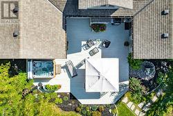 Aerial view of the spacious deck and hot tub -