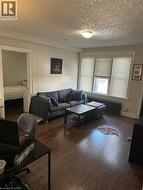 Living area with radiator heating unit, wood finished floors, and a textured ceiling -