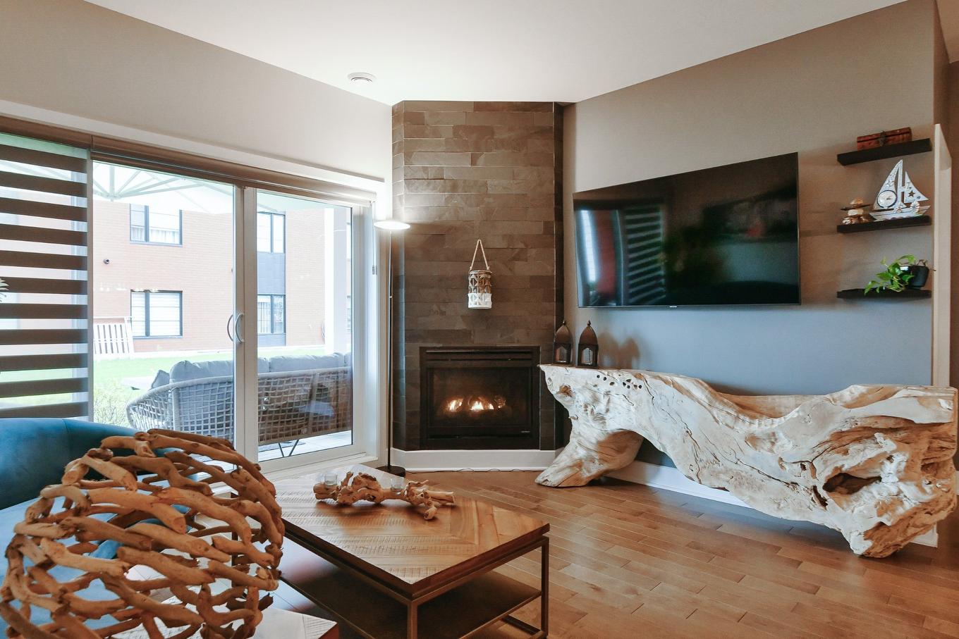 Living room - 104-14430 Rue Roger-Thomas, Mirabel, QC - Indoor Photo Showing Living Room With Fireplace