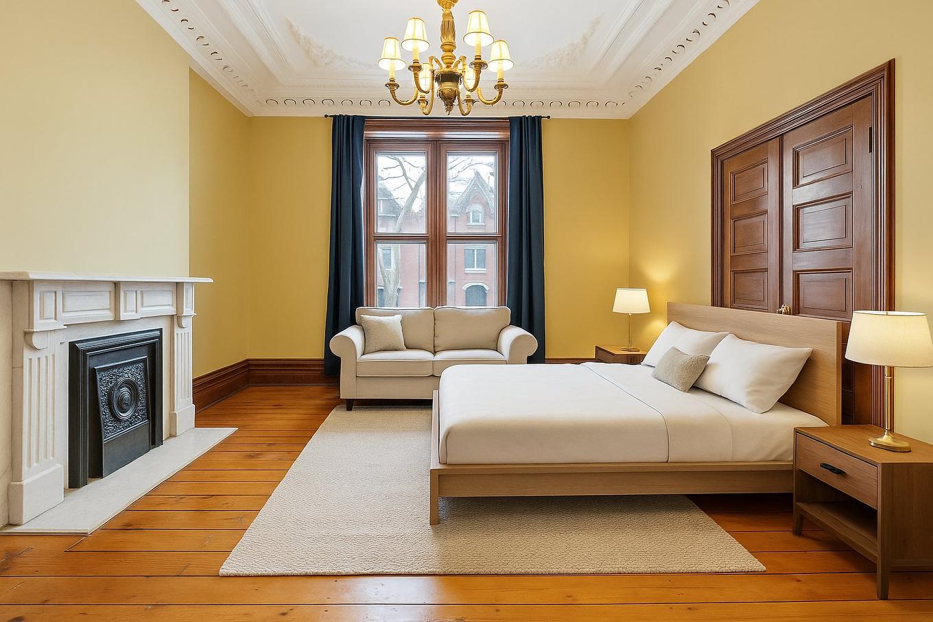 Primary bedroom - 1847 Rue Tupper, Montréal (Ville-Marie), QC - Indoor Photo Showing Bedroom With Fireplace