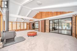 Living room with carpet flooring, a wood stove, a ceiling fan, and wood walls -