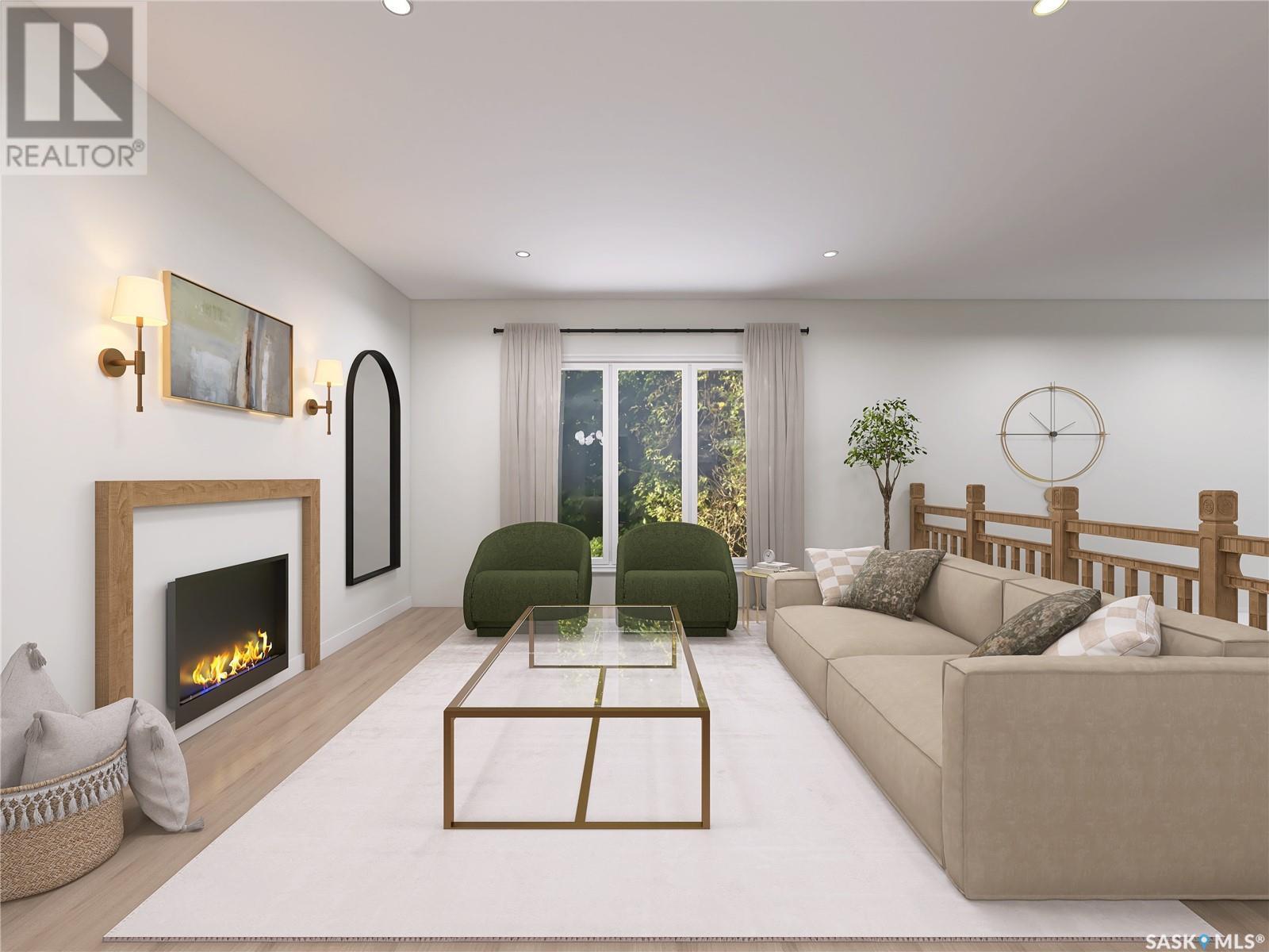 8 Oak Bay, Shields, SK - Indoor Photo Showing Living Room With Fireplace