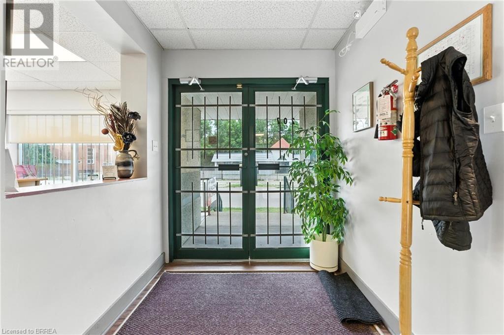 Doorway to outside with a paneled ceiling, french doors, and carpet flooring - 207 Greenwich Street, Brantford, ON