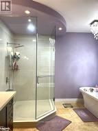 Bathroom featuring vanity, tile patterned floors, and independent shower and bath -