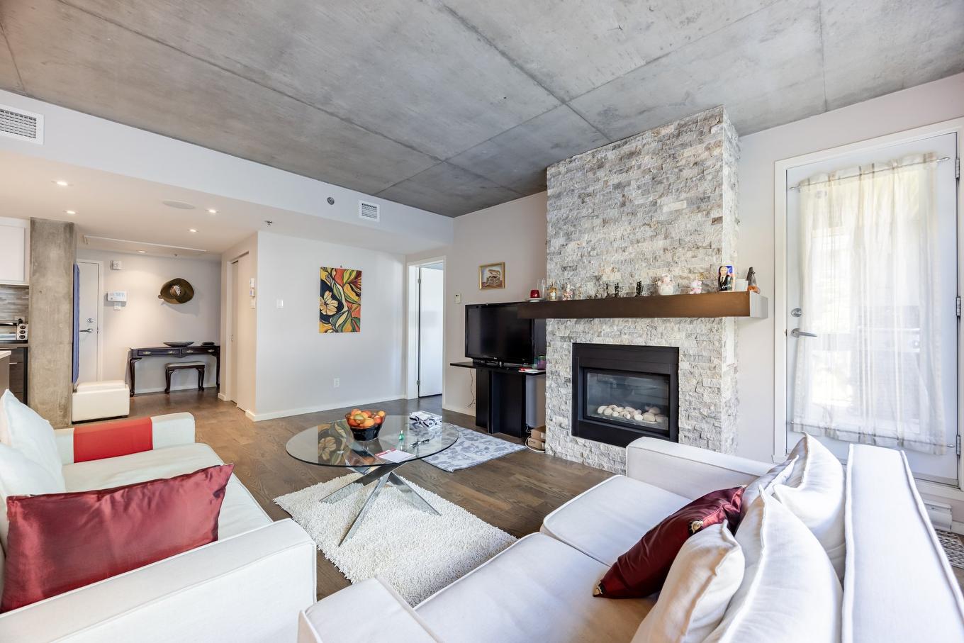 Living room - 105-9815 Boul. Leduc, Brossard, QC - Indoor Photo Showing Living Room With Fireplace
