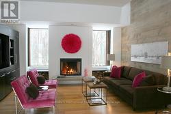 Living room with wood fireplace -