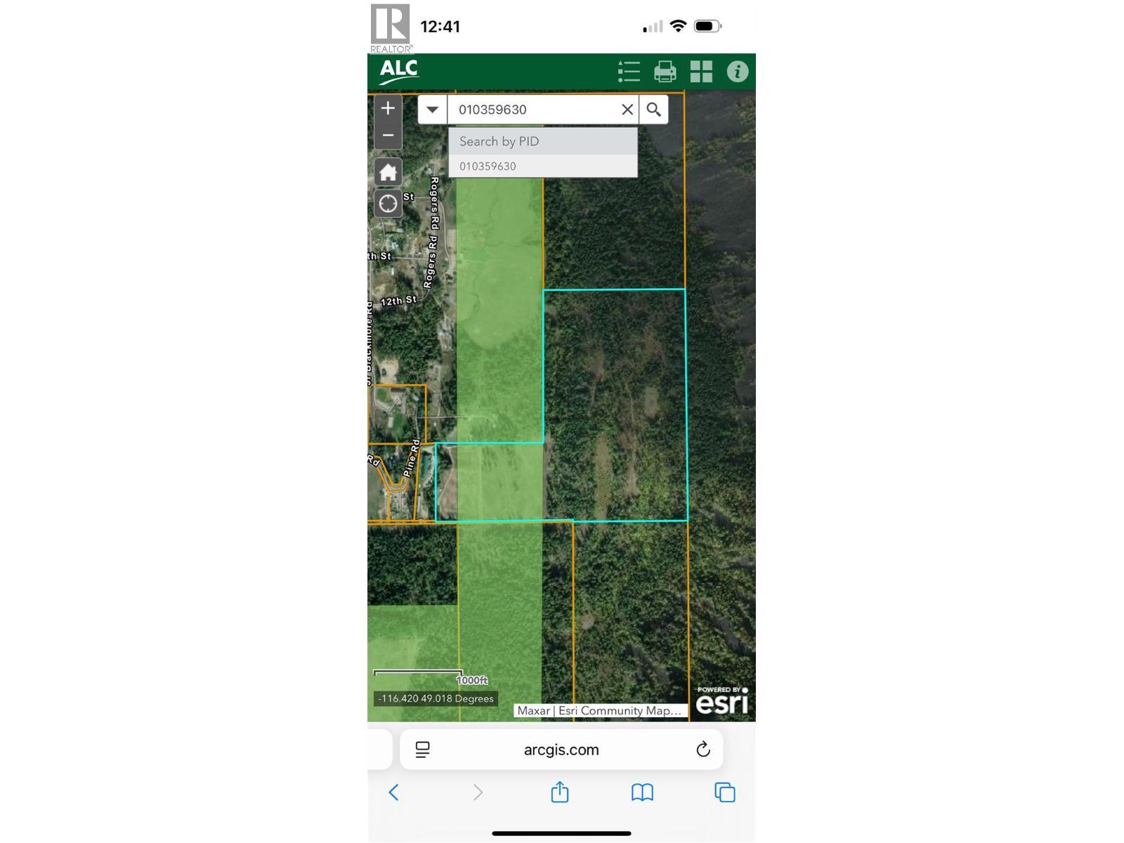 Property outline and ALR shaded in green . - Pit Road Lot# 14, Lister, BC