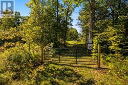 Gate to waterfront lot with dock & picnic table -