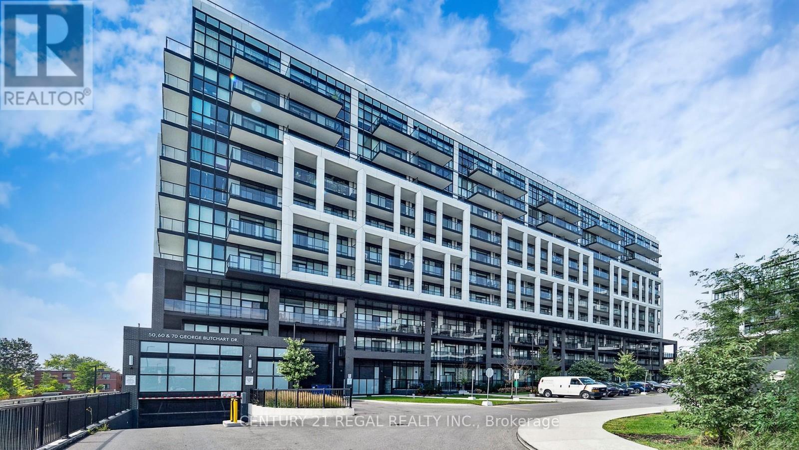 314 - 50 George Butchart Drive, Toronto, ON - Outdoor With Balcony With Facade