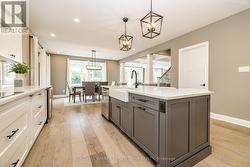 Farmhouse sink, designer lighting throughout -