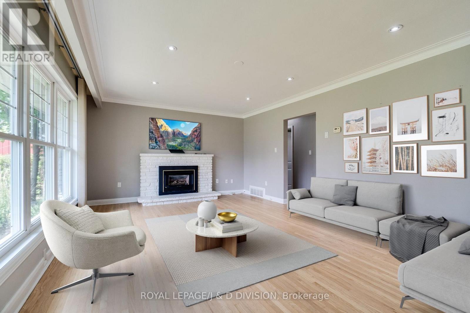 Virtually staged - 7079 Second Line W, Mississauga, ON - Indoor Photo Showing Living Room With Fireplace