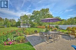 Landscaped backyard with gardens and patio -