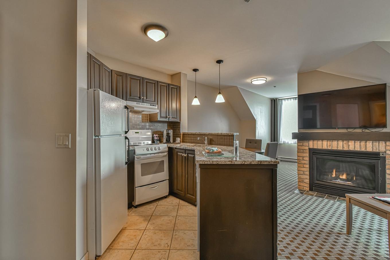 Vue d'ensemble - 441-160 Ch. Du Curé-Deslauriers, Mont-Tremblant, QC - Indoor Photo Showing Kitchen With Fireplace With Double Sink
