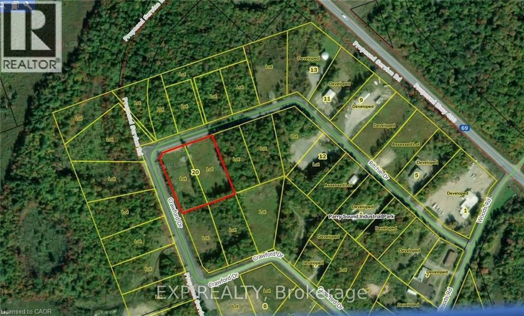 Aerial map of property and surrounding area with property parcel outlined - 20 Ritchie Drive, Carling, ON