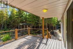 Elevated deck and lower stone patio. -