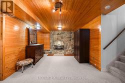 lower level rec room with gas fire place on stone -