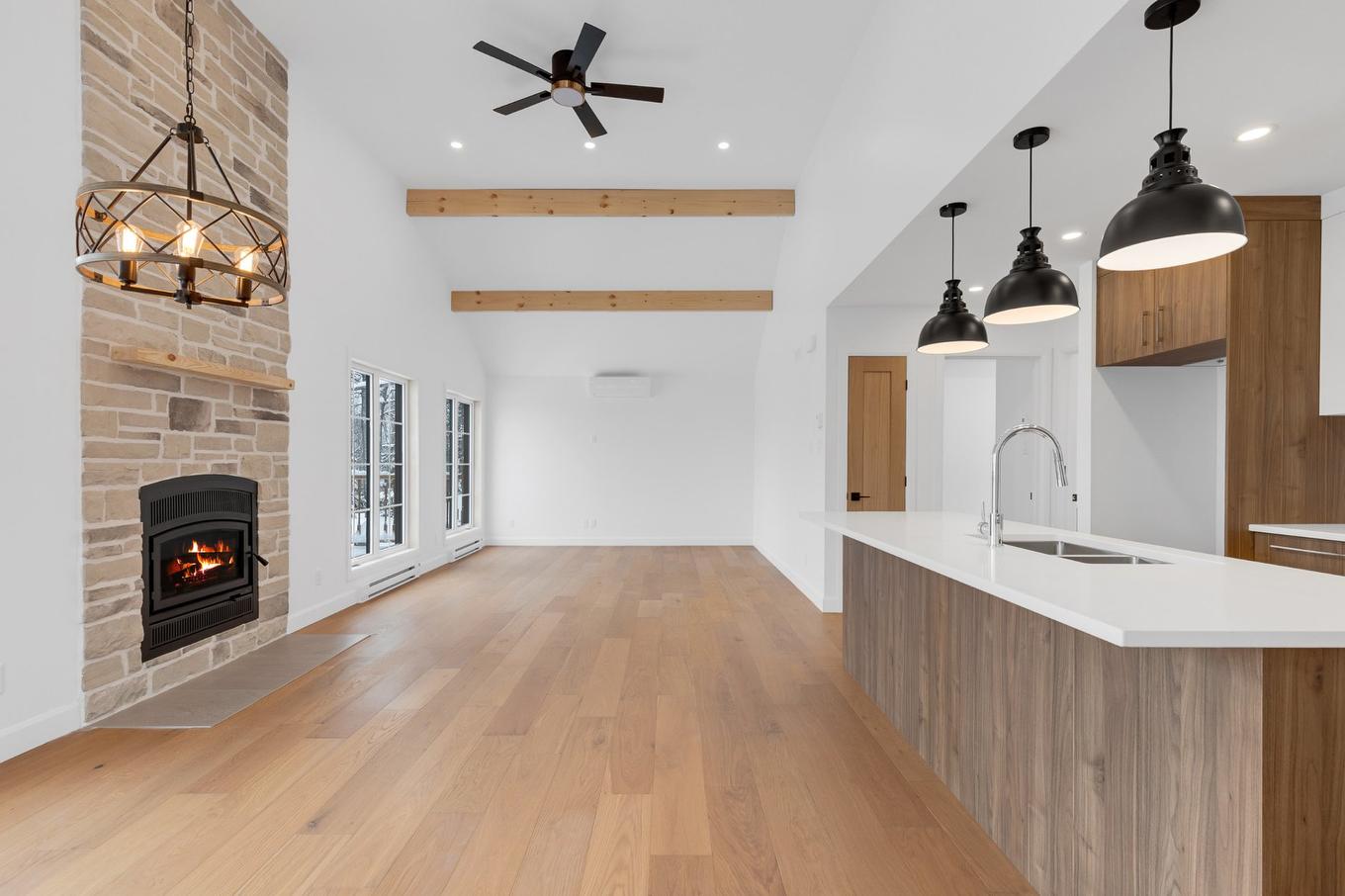 Salle à manger - Rue Paulsen, Sainte-Agathe-Des-Monts, QC - Indoor Photo Showing Kitchen With Fireplace With Double Sink