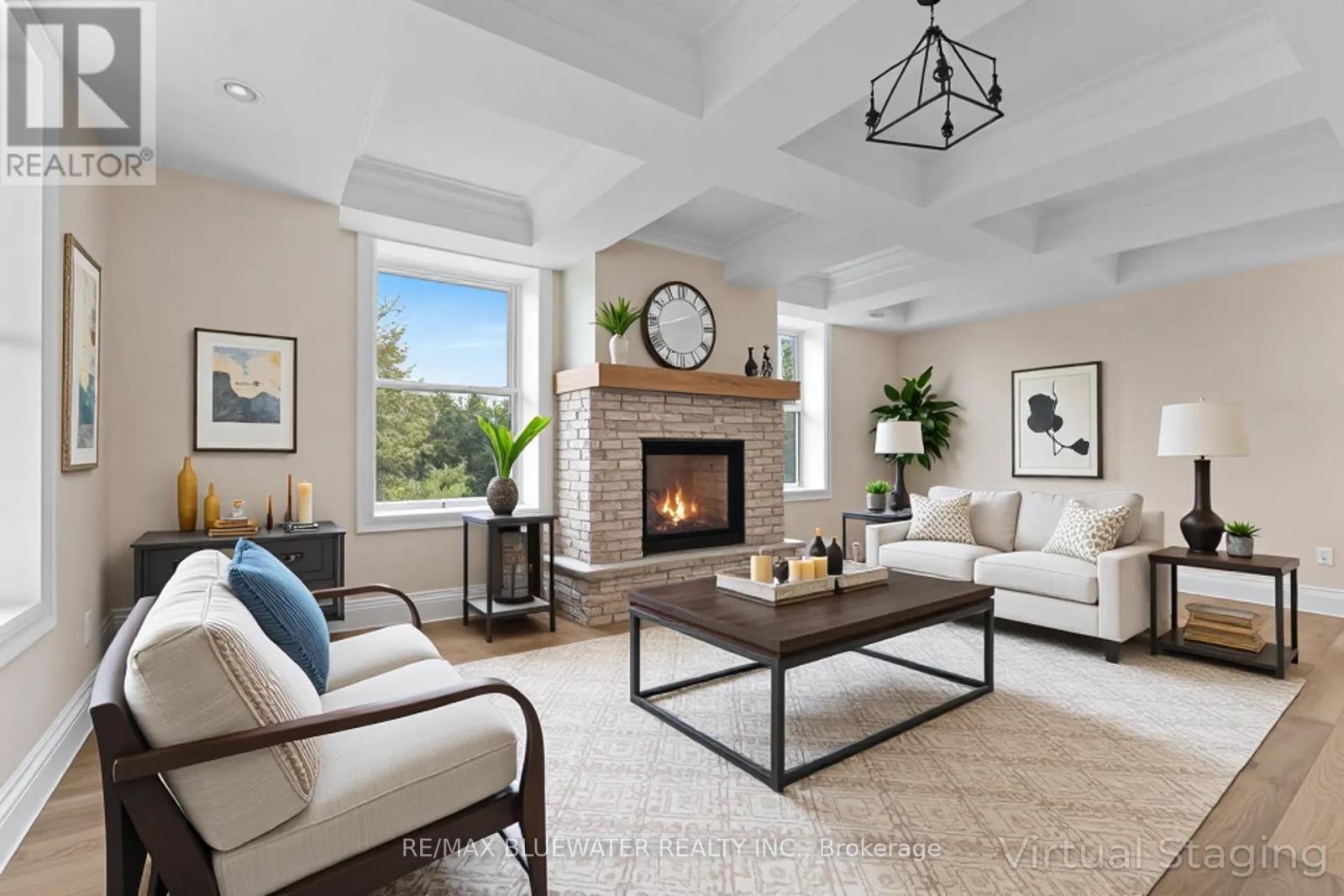 Living Room (AI Generated Furniture) - 75184 Goshen Line, Bluewater (Stanley), ON - Indoor Photo Showing Living Room With Fireplace