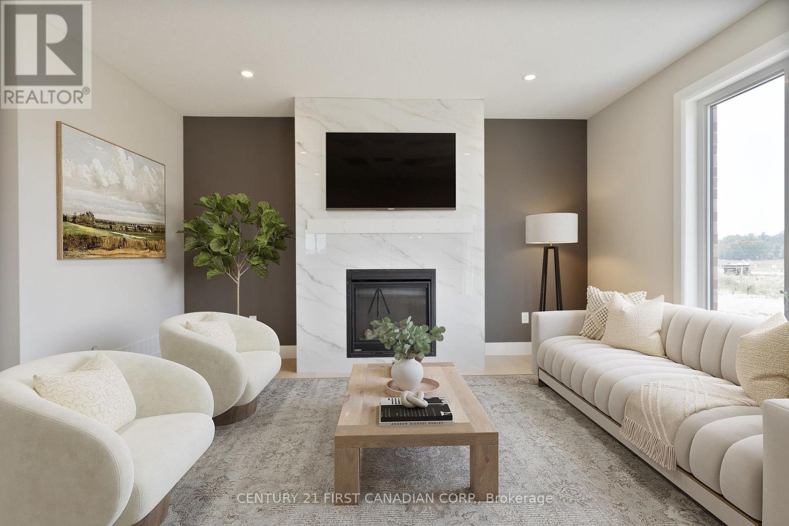 Virtually Staged - 105 Sheldabren Street, North Middlesex (Ailsa Craig), ON - Indoor Photo Showing Living Room With Fireplace