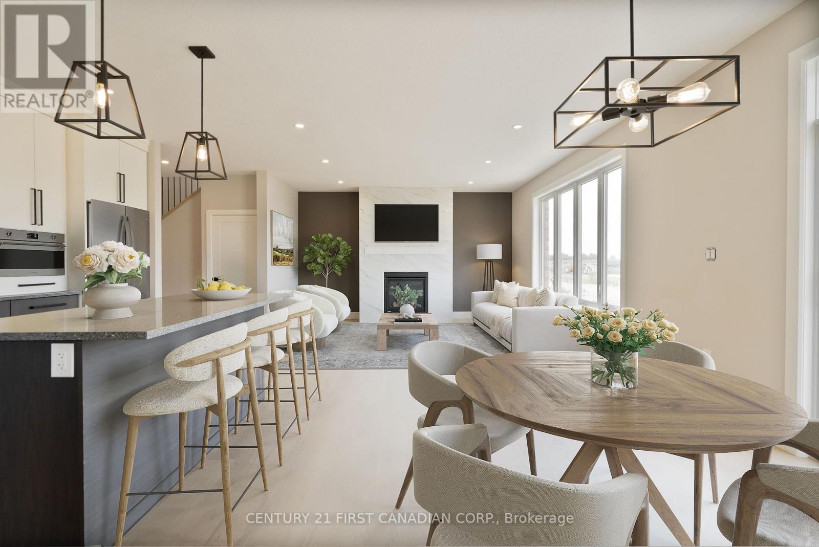 Virtually Staged - 105 Sheldabren Street, North Middlesex (Ailsa Craig), ON - Indoor Photo Showing Dining Room With Fireplace