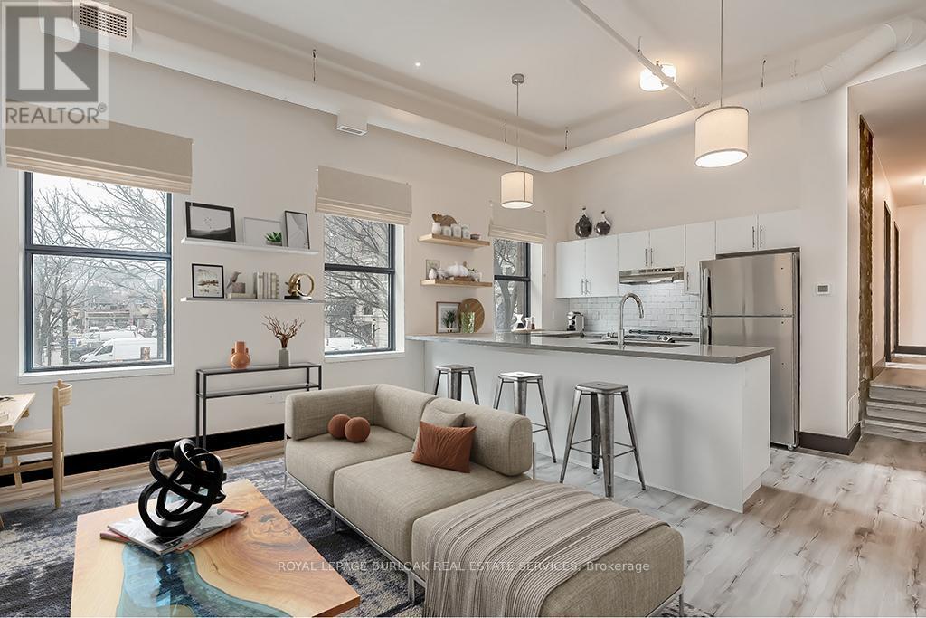 Living Kitchen/ Virtually Staged - 201 - 121 King Street E, Hamilton, ON - Indoor