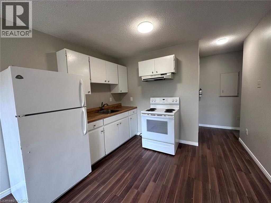 Kitchen featuring white appliances, white cabinetry, a textured ceiling, dark wood-type flooring, and under cabinet range hood - 17 St Leger Street, Kitchener, ON - Indoor Photo Showing Kitchen