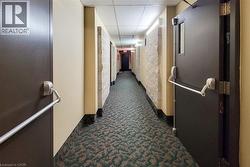 Entrance corridor with a paneled ceiling and dark colored carpet -