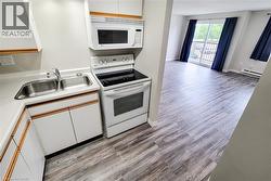 Spacious European-style kitchen with ceiling fan, double sink, ample cabinetry, fridge, stove, and microwave included -