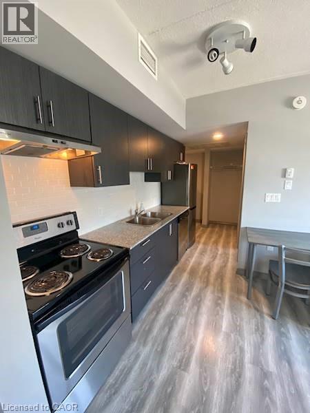 Kitchen with appliances with stainless steel finishes, under cabinet range hood, light wood finished floors, modern cabinets, and backsplash - 275 Larch Street Unit# F313, Waterloo, ON - Indoor Photo Showing Kitchen With Double Sink