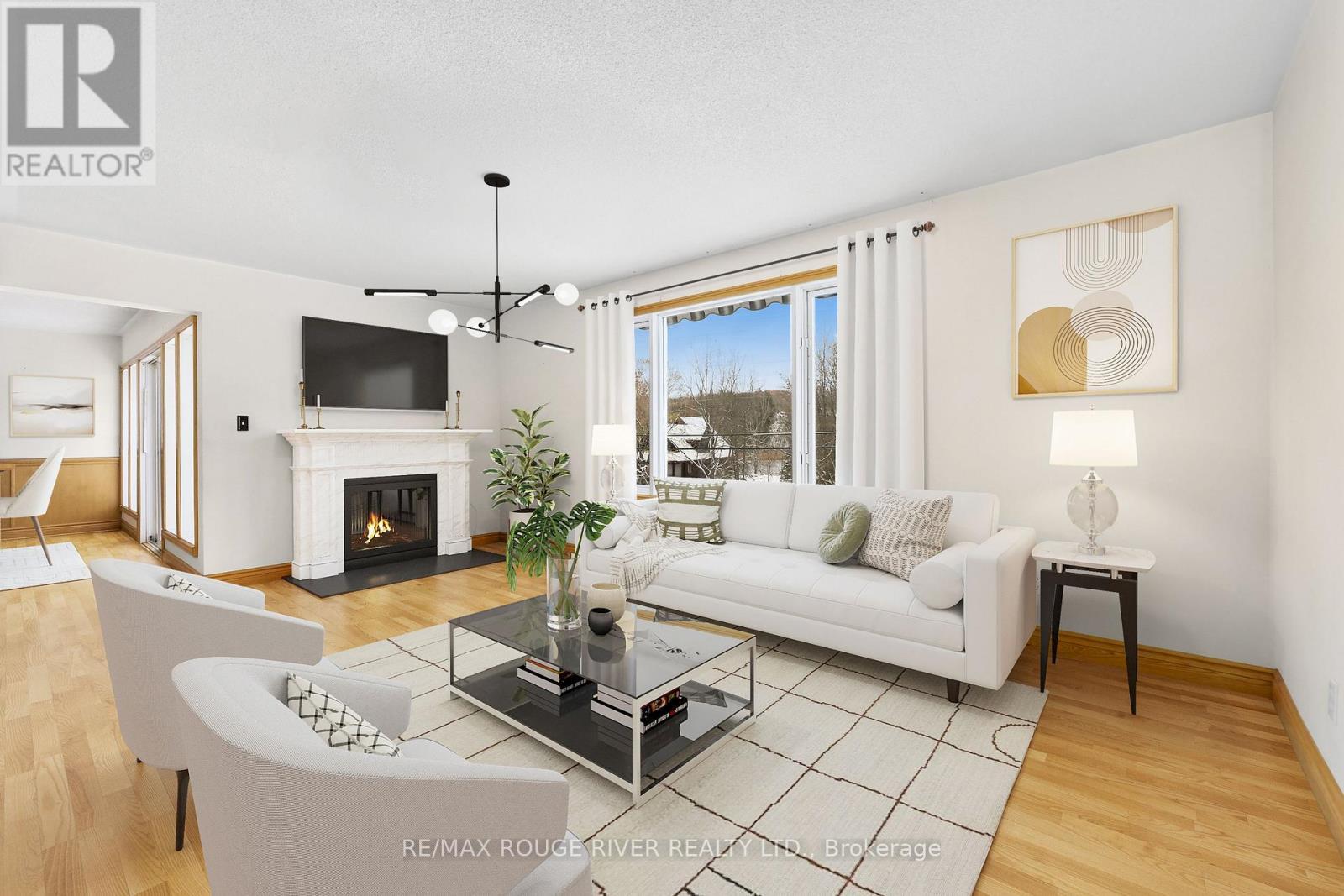virtually staged floors, light fixture, fireplace - 222 Cordova Road, Marmora And Lake (Marmora Ward), ON - Indoor Photo Showing Living Room With Fireplace