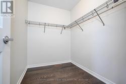 Walk in closet with wood flooring -