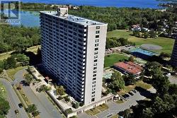 Exterior view highlighting tower and surroundings. -