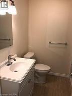Bathroom featuring dark wood-style flooring and vanity -