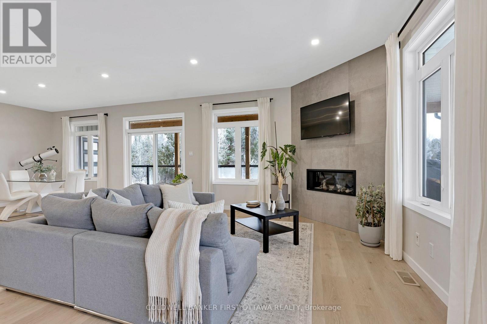 Propane fireplace surrounded by porcelain wall - 462 Althorpe Road, Tay Valley, ON - Indoor Photo Showing Living Room With Fireplace