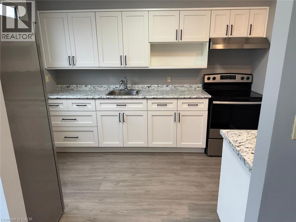 Kitchen with stainless steel appliances, white cabinetry, under cabinet range hood, light wood finished floors, and light stone countertops - 316 Dufferin Street, Stratford, ON - Indoor Photo Showing Kitchen