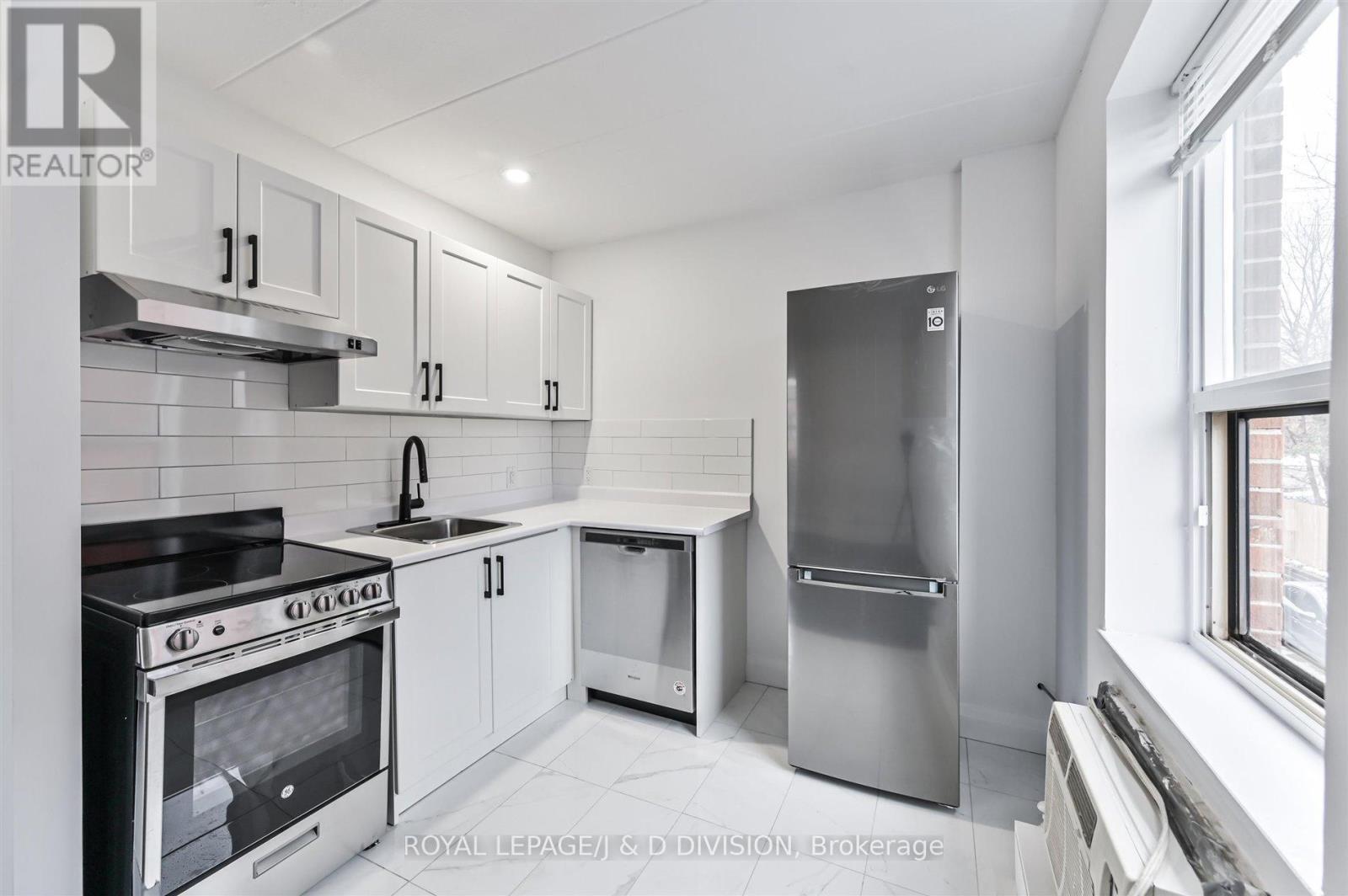 Kitchen w Stainless Steel Appliances - 201 - 325 Sammon Avenue, Toronto, ON - Indoor Photo Showing Kitchen