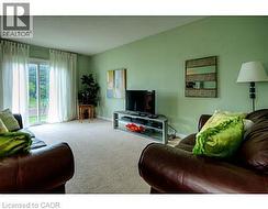 Carpeted living area featuring lofted ceiling -