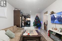 Living room with light wood-type flooring and a textured ceiling -
