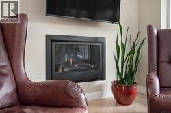 Detailed view of a glass covered fireplace and baseboards -