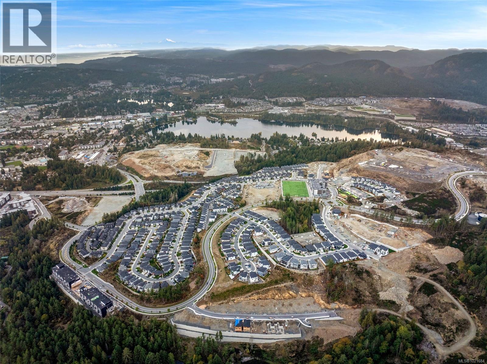 Aerial view of property's location with a water and mountain view - 1204 Cedarbrook Way, Langford, BC
