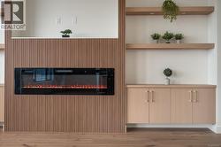 Detailed view of a glass covered fireplace and wood finished floors -