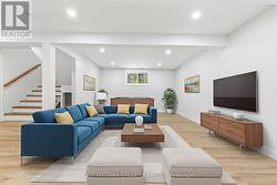 Virtually staged basement rec room -