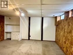 Below grade area featuring a drop ceiling, brick wall, and carpet floors -