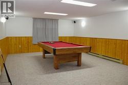 Game room with wood walls, wainscoting, baseboard heating, pool table, and carpet flooring -