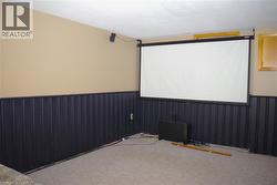 Carpeted home theater room with a wainscoted wall -