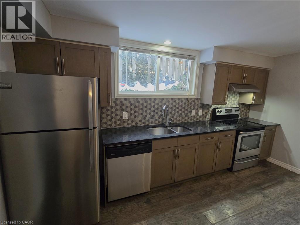 Kitchen with stainless steel appliances, tasteful backsplash, under cabinet range hood, dark wood-style floors, and dark stone countertops - 50 Scenic Drive Unit# Lower, Kitchener, ON - Indoor Photo Showing Kitchen With Double Sink
