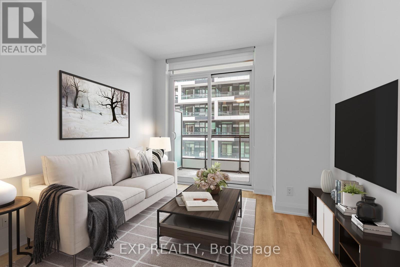 Virtually Staged - 1402 - 65 Broadway Avenue, Toronto, ON - Indoor Photo Showing Living Room