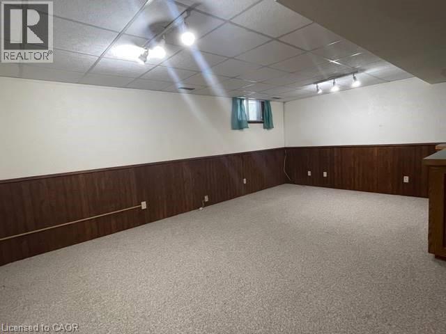 Below grade area featuring track lighting, carpet floors, a wainscoted wall, wooden walls, and a drop ceiling - 214 Benesfort Crescent, Kitchener, ON - Indoor
