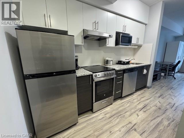 Kitchen featuring stainless steel appliances, white cabinetry, under cabinet range hood, light wood-style floors, and light stone counters - 77 Leland Street Unit# 223, Hamilton, ON - Indoor Photo Showing Kitchen