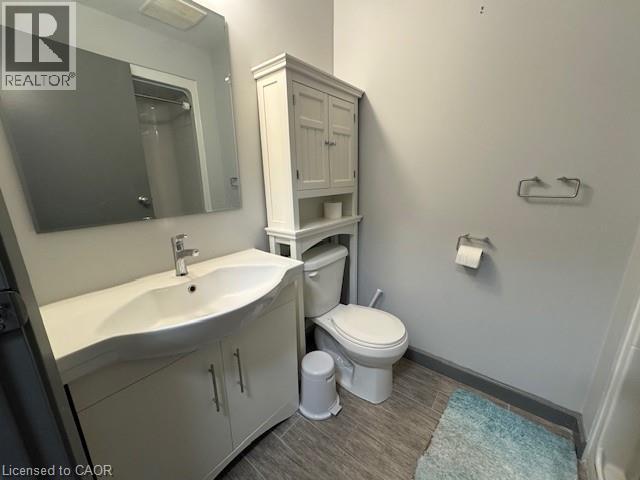 Full bathroom with a shower with curtain, vanity, and wood tiled floors - 77 Leland Street Unit# 223, Hamilton, ON - Indoor Photo Showing Bathroom